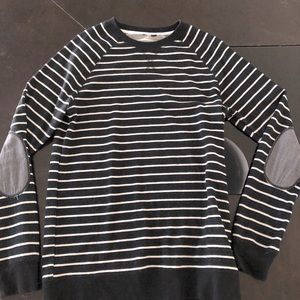 Mens Striped Crewneck Sweater With Elbow Patches Size MEDIUM Black and White